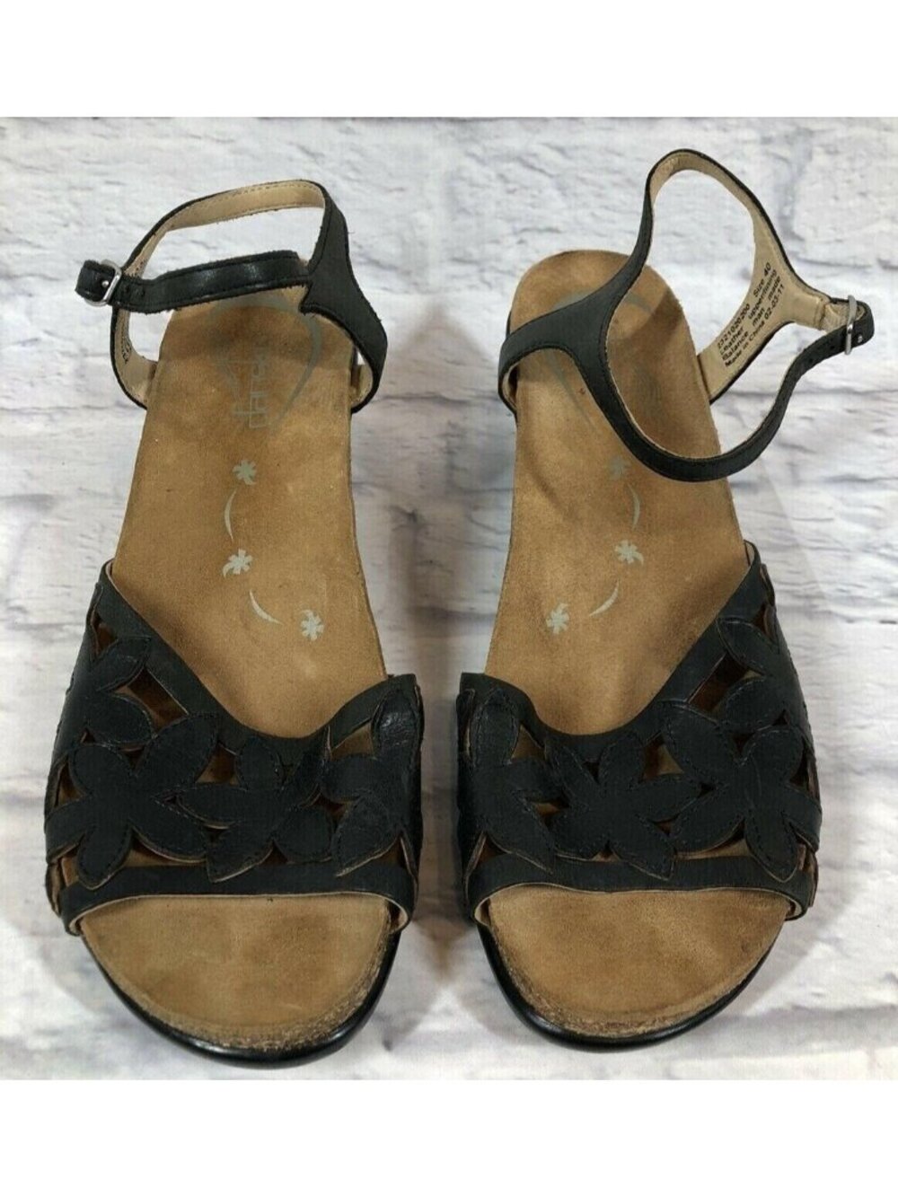 Dansko Coquette Womens 40 / 9.5-10 Black Leather Floral Wedge Sandals